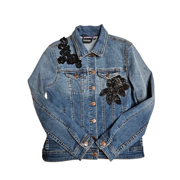 Nanette Lepore Womens XS Denim Button Jacket Black Sequin Floral Streetwear - Picture 2 of 11